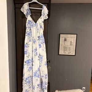 white dress with blue and green floral print